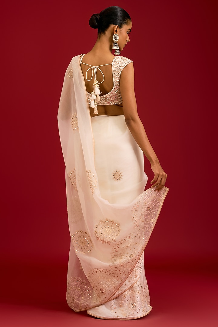 Ivory Modal Satin & Silk Organza Embroidered Wedding Saree Set by Devnaagri at Pernia's Pop Up Shop