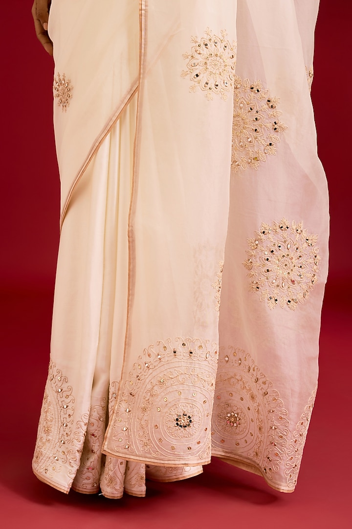 Ivory Modal Satin & Silk Organza Embroidered Wedding Saree Set by Devnaagri at Pernia's Pop Up Shop