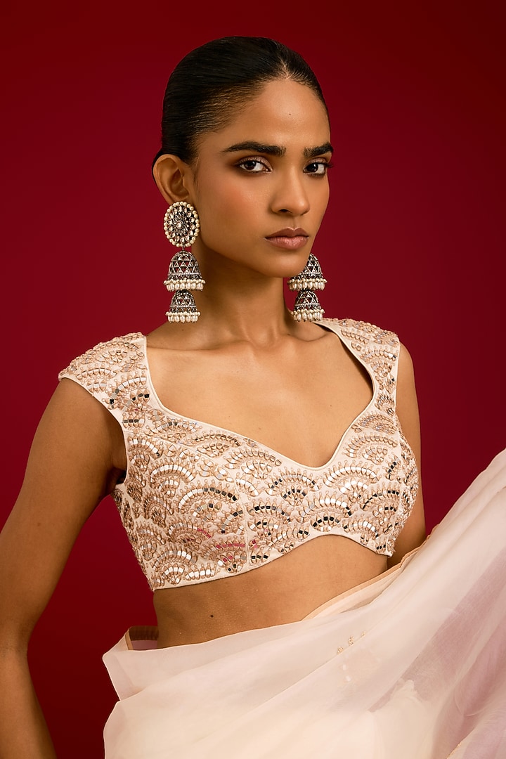 Ivory Modal Satin & Silk Organza Embroidered Wedding Saree Set by Devnaagri at Pernia's Pop Up Shop