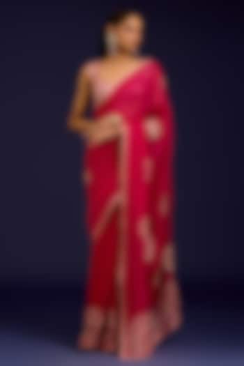 Fuchsia Modal Satin & Silk Organza Embroidered Wedding Saree Set by Devnaagri at Pernia's Pop Up Shop