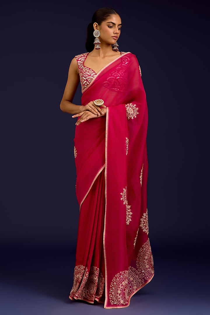 Fuchsia Modal Satin & Silk Organza Embroidered Wedding Saree Set by Devnaagri at Pernia's Pop Up Shop