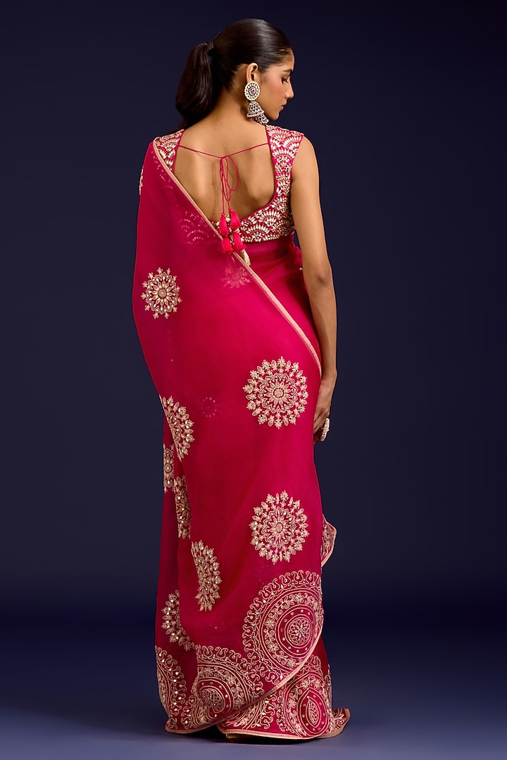 Fuchsia Modal Satin & Silk Organza Embroidered Wedding Saree Set by Devnaagri at Pernia's Pop Up Shop