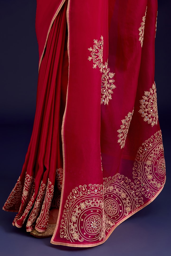 Fuchsia Modal Satin & Silk Organza Embroidered Wedding Saree Set by Devnaagri at Pernia's Pop Up Shop