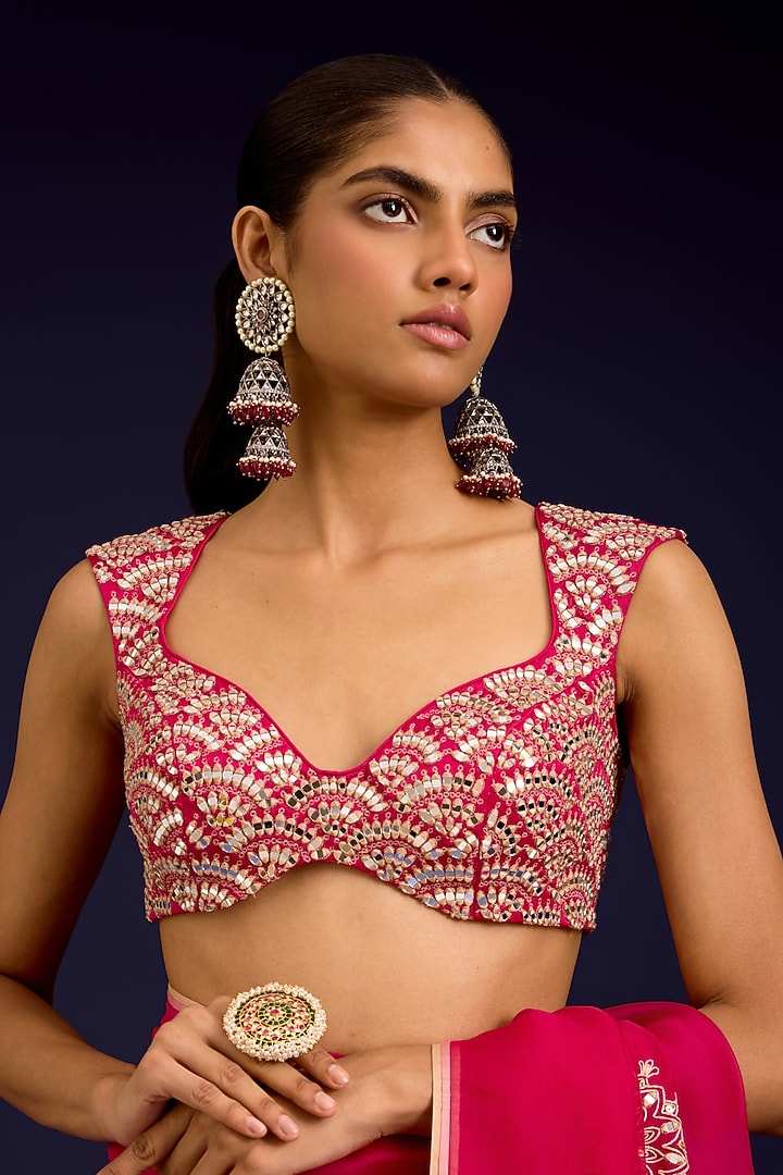 Fuchsia Modal Satin & Silk Organza Embroidered Wedding Saree Set by Devnaagri at Pernia's Pop Up Shop