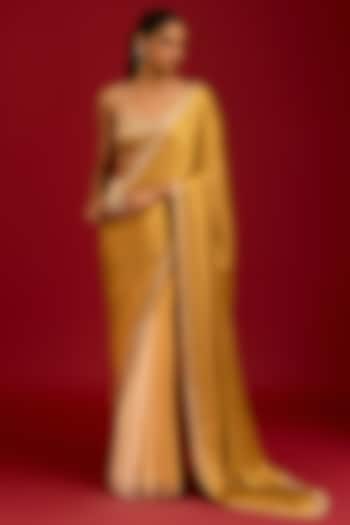 Mustard Modal Satin Embroidered Ombre Wedding Saree Set by Devnaagri at Pernia's Pop Up Shop