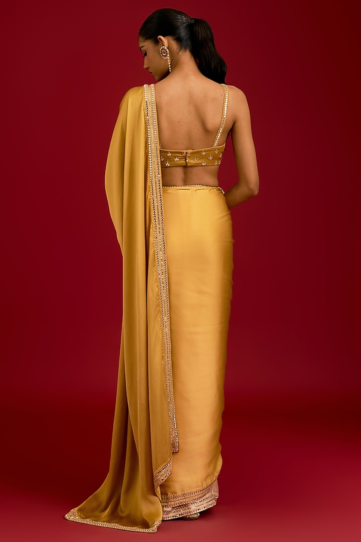 Mustard Modal Satin Embroidered Ombre Wedding Saree Set by Devnaagri at Pernia's Pop Up Shop