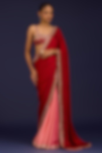 Red Modal Satin Embroidered Ombre Wedding Saree Set by Devnaagri at Pernia's Pop Up Shop
