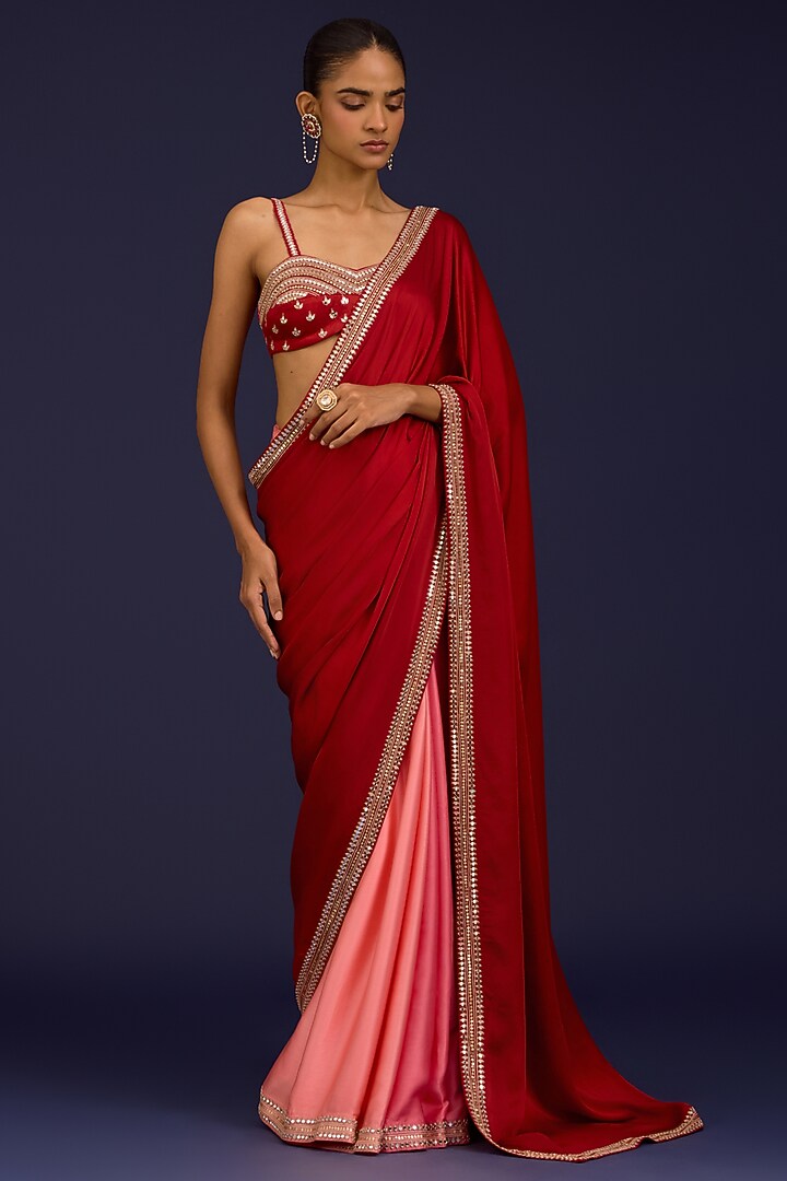 Red Modal Satin Embroidered Ombre Wedding Saree Set by Devnaagri at Pernia's Pop Up Shop