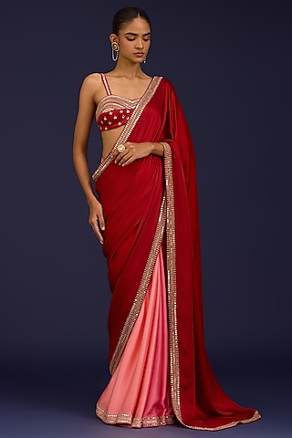 Red Modal Satin Embroidered Ombre Saree Set by Devnaagri