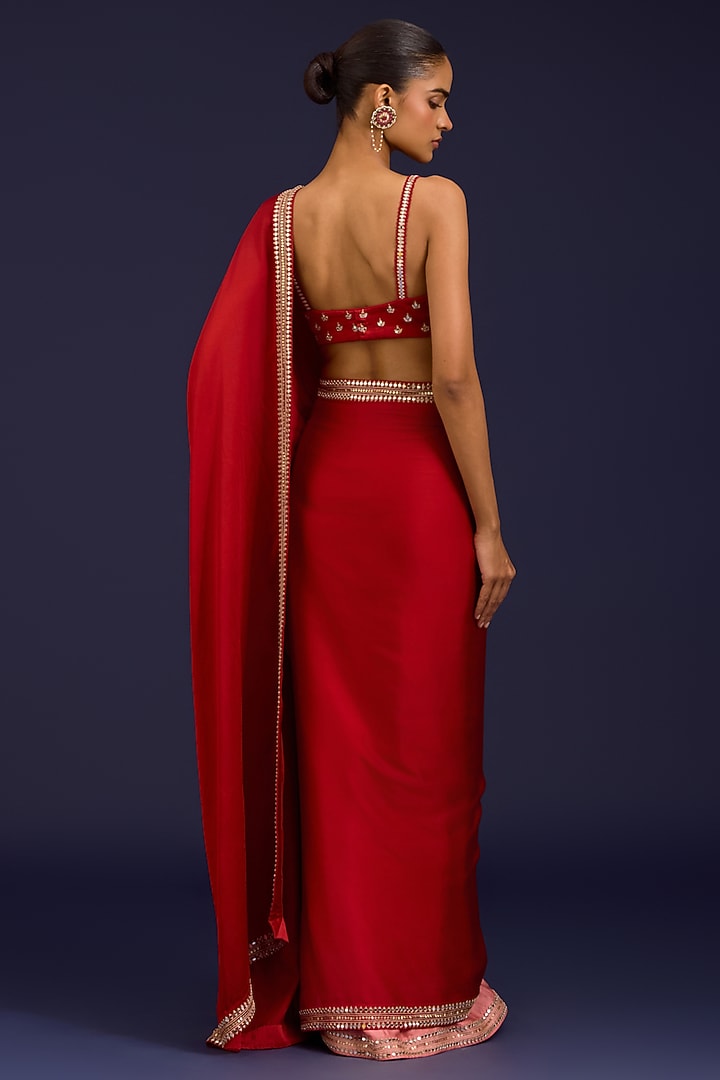 Red Modal Satin Embroidered Ombre Wedding Saree Set by Devnaagri at Pernia's Pop Up Shop
