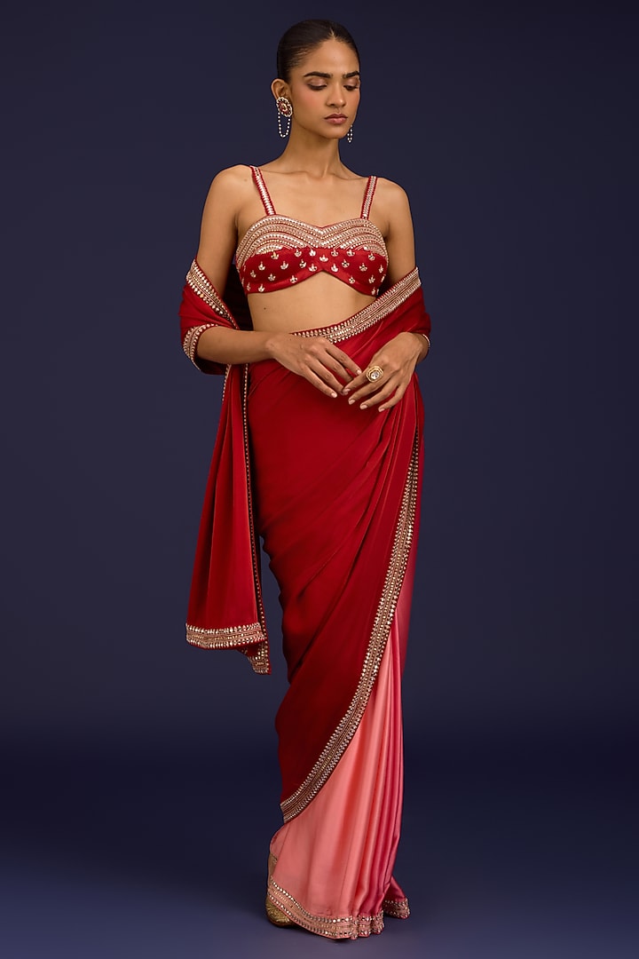 Red Modal Satin Embroidered Ombre Wedding Saree Set by Devnaagri at Pernia's Pop Up Shop
