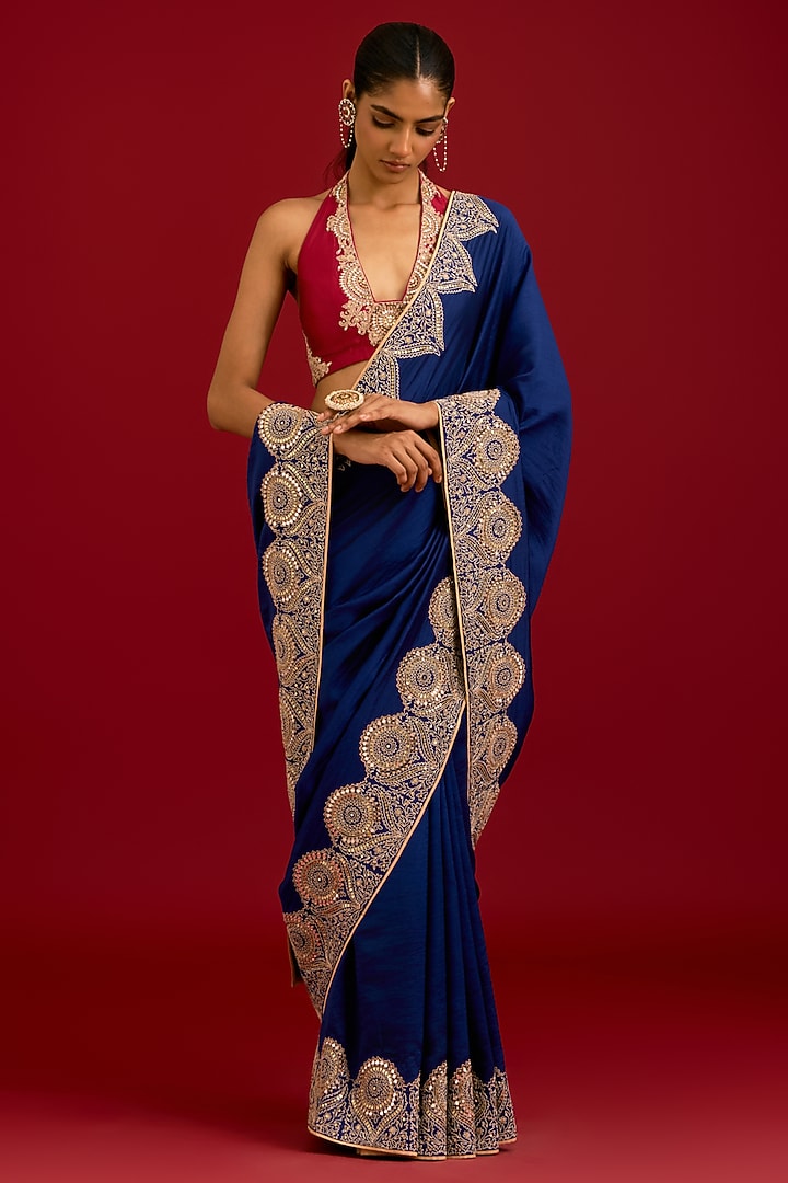 Navy Blue Chiniya Silk Embroidered Reception Saree Set by Devnaagri at Pernia's Pop Up Shop