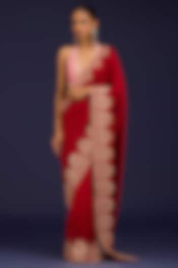Red Chiniya Silk Embroidered Reception Saree Set by Devnaagri at Pernia's Pop Up Shop