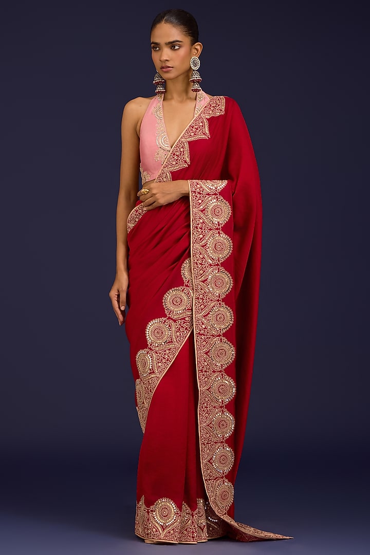 Red Chiniya Silk Embroidered Reception Saree Set by Devnaagri at Pernia's Pop Up Shop