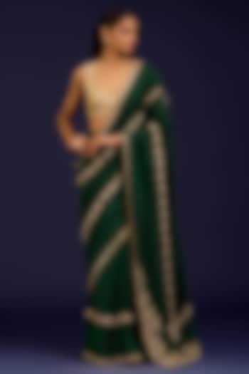 Green Chiniya Silk Embroidered Reception Saree Set by Devnaagri at Pernia's Pop Up Shop