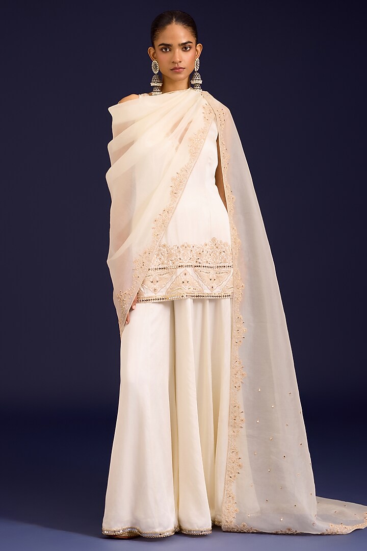 Ivory Modal Satin Wedding Sharara Set by Devnaagri at Pernia's Pop Up Shop