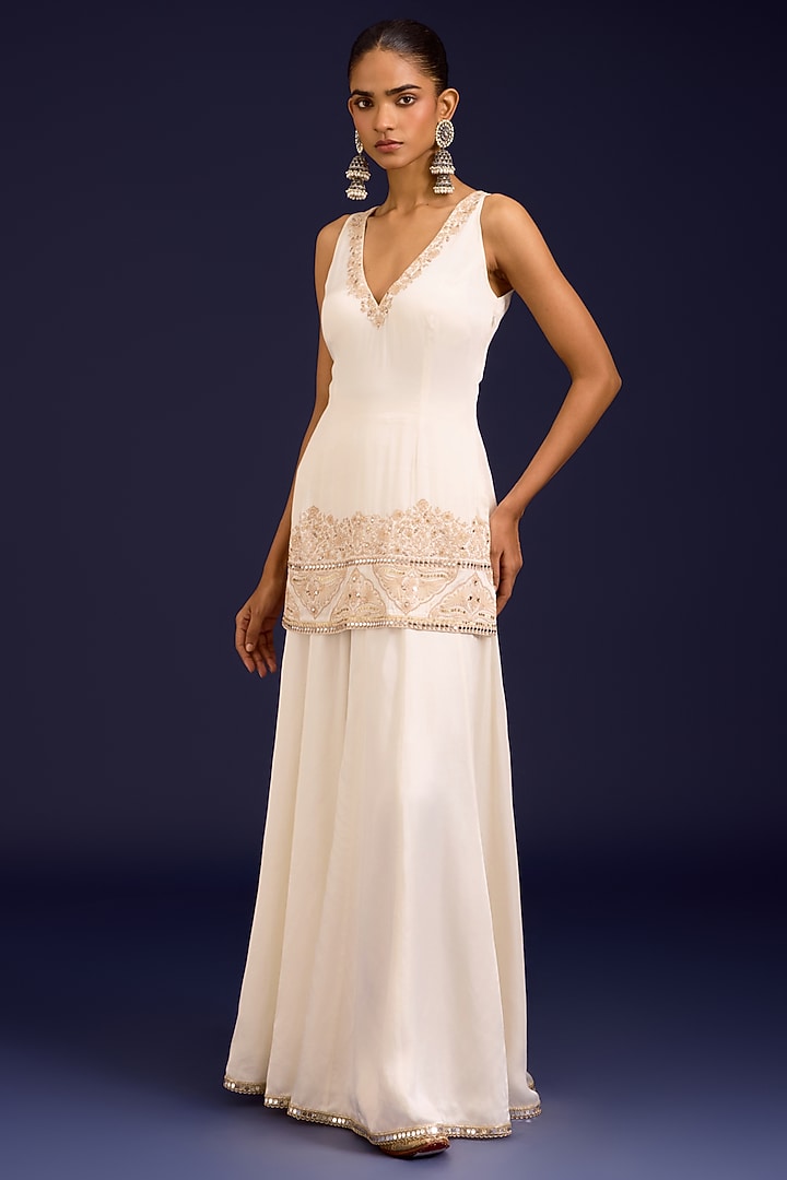 Ivory Modal Satin Wedding Sharara Set by Devnaagri at Pernia's Pop Up Shop