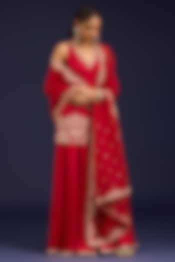 Red Modal Satin Wedding Sharara Set by Devnaagri at Pernia's Pop Up Shop