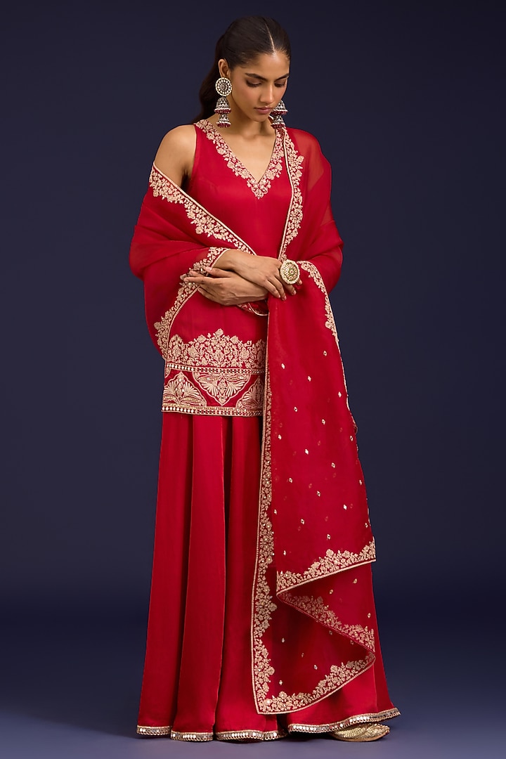 Red Modal Satin Wedding Sharara Set by Devnaagri at Pernia's Pop Up Shop