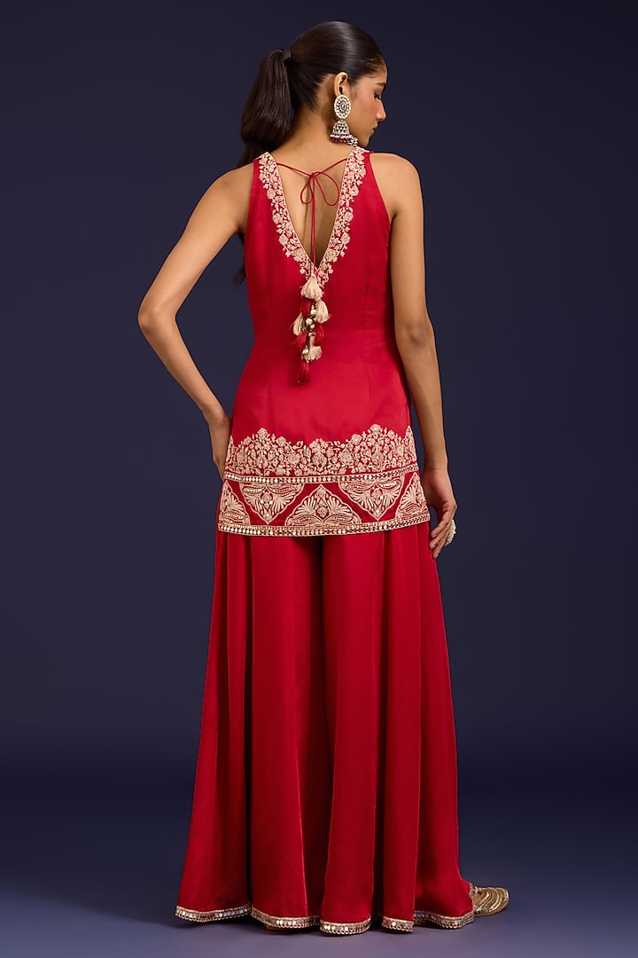 Red Modal Satin Wedding Sharara Set by Devnaagri at Pernia's Pop Up Shop