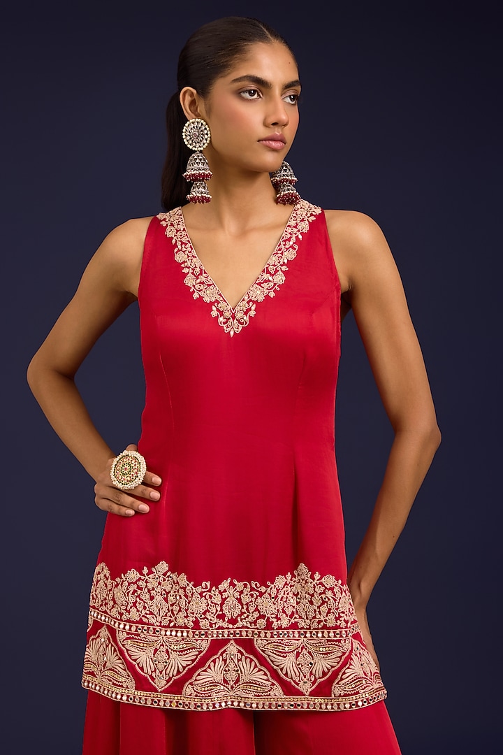 Red Modal Satin Wedding Sharara Set by Devnaagri at Pernia's Pop Up Shop