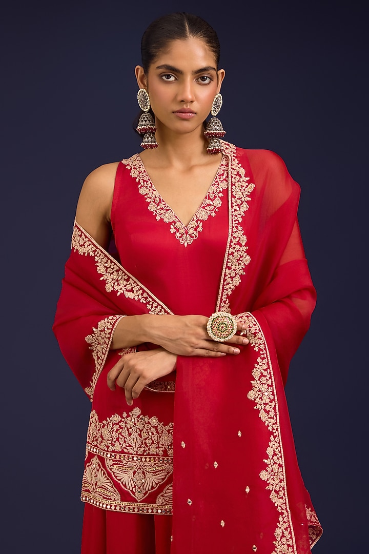 Red Modal Satin Wedding Sharara Set by Devnaagri at Pernia's Pop Up Shop