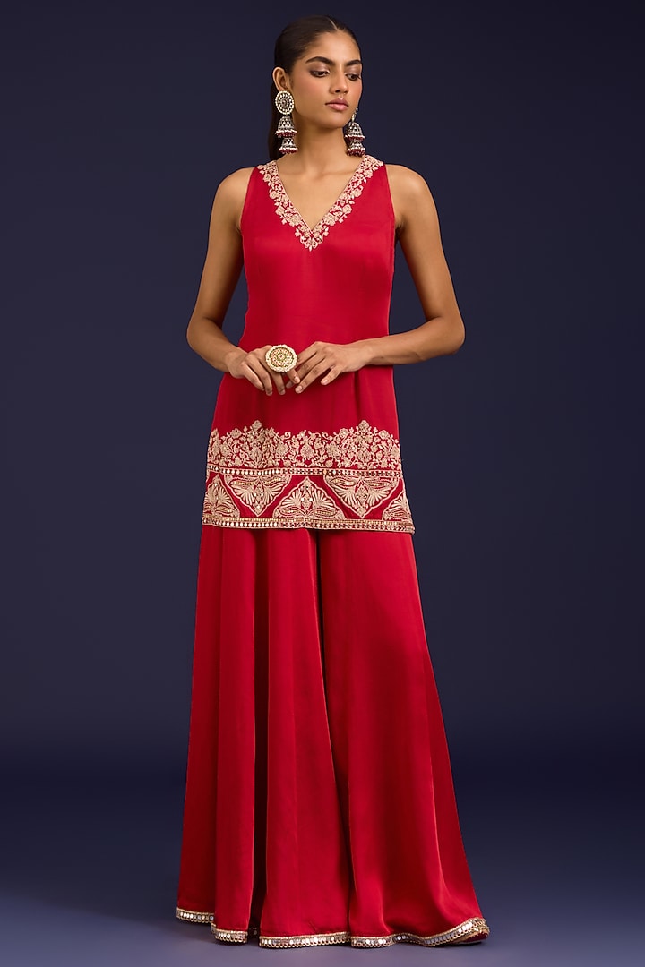 Red Modal Satin Wedding Sharara Set by Devnaagri at Pernia's Pop Up Shop