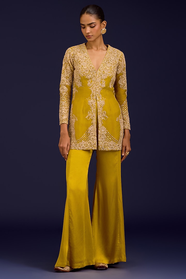 Mustard Organza Mirror Embroidered Jacket Set by Devnaagri at Pernia's Pop Up Shop