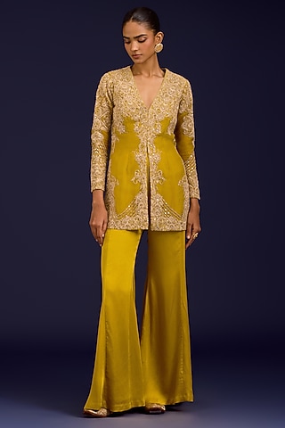 Mustard Organza Mirror Embroidered Jacket Set by Devnaagri