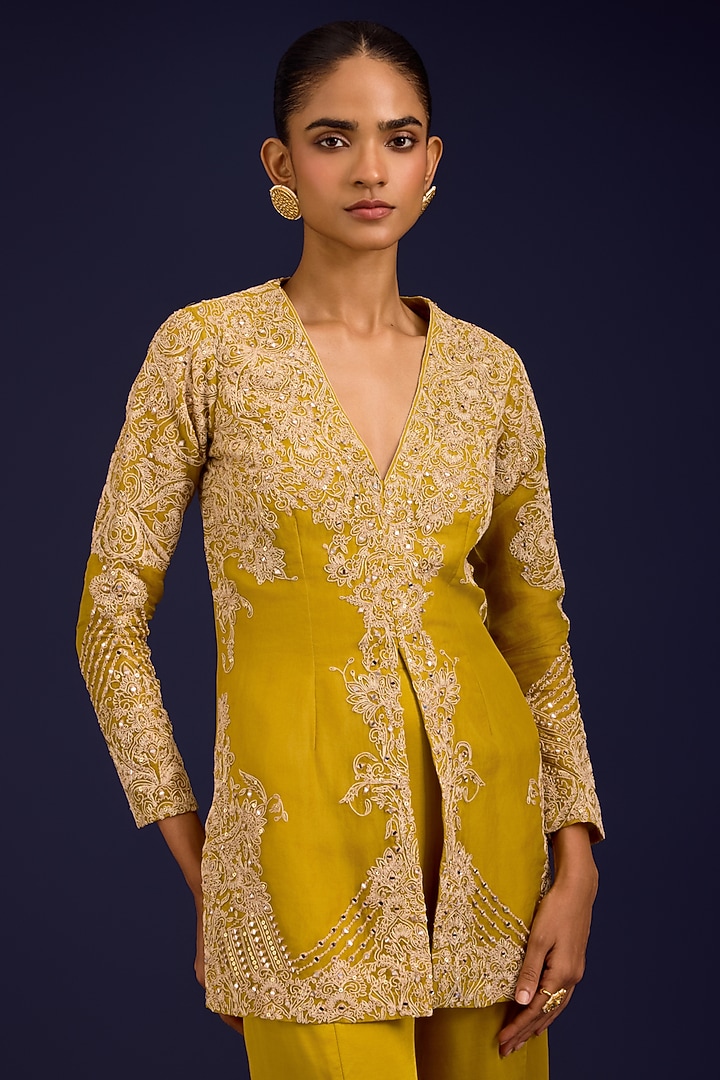Mustard Organza Mirror Embroidered Jacket Set by Devnaagri at Pernia's Pop Up Shop