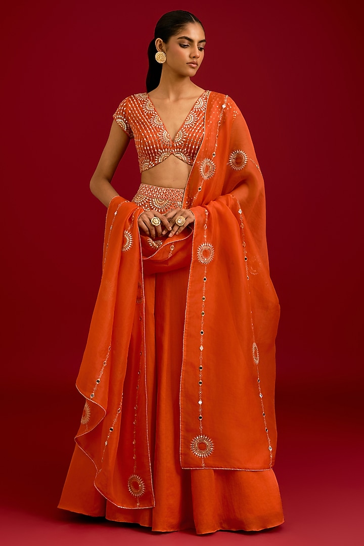 Orange Cotton Silk Satin Embroidered Wedding Lehenga Set by Devnaagri at Pernia's Pop Up Shop