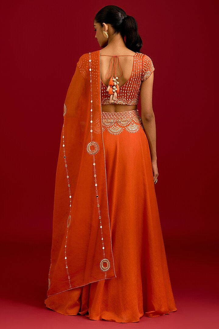 Orange Cotton Silk Satin Embroidered Wedding Lehenga Set by Devnaagri at Pernia's Pop Up Shop