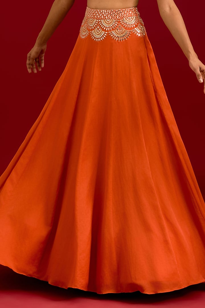 Orange Cotton Silk Satin Embroidered Wedding Lehenga Set by Devnaagri at Pernia's Pop Up Shop