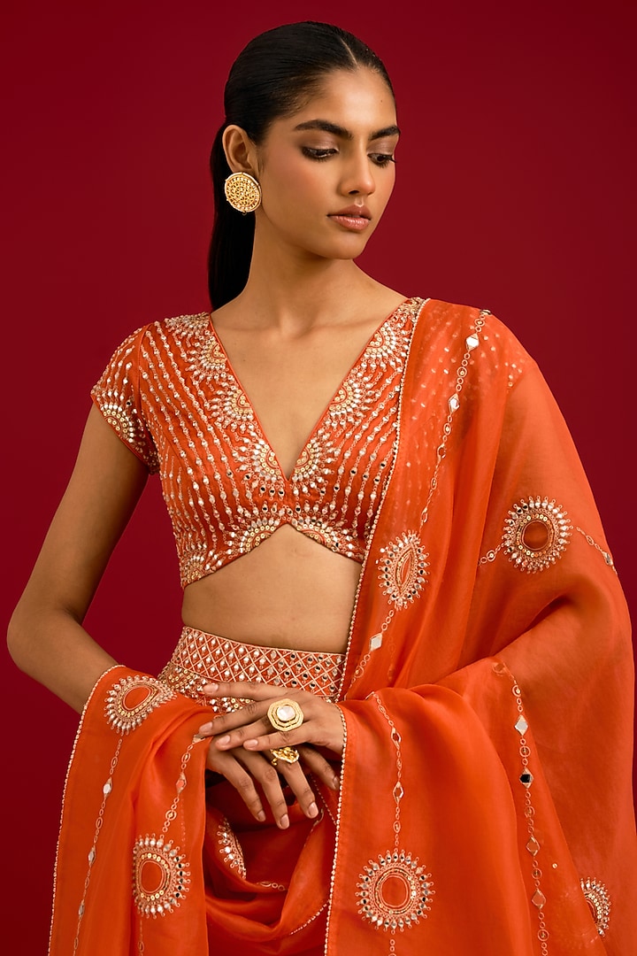 Orange Cotton Silk Satin Embroidered Wedding Lehenga Set by Devnaagri at Pernia's Pop Up Shop