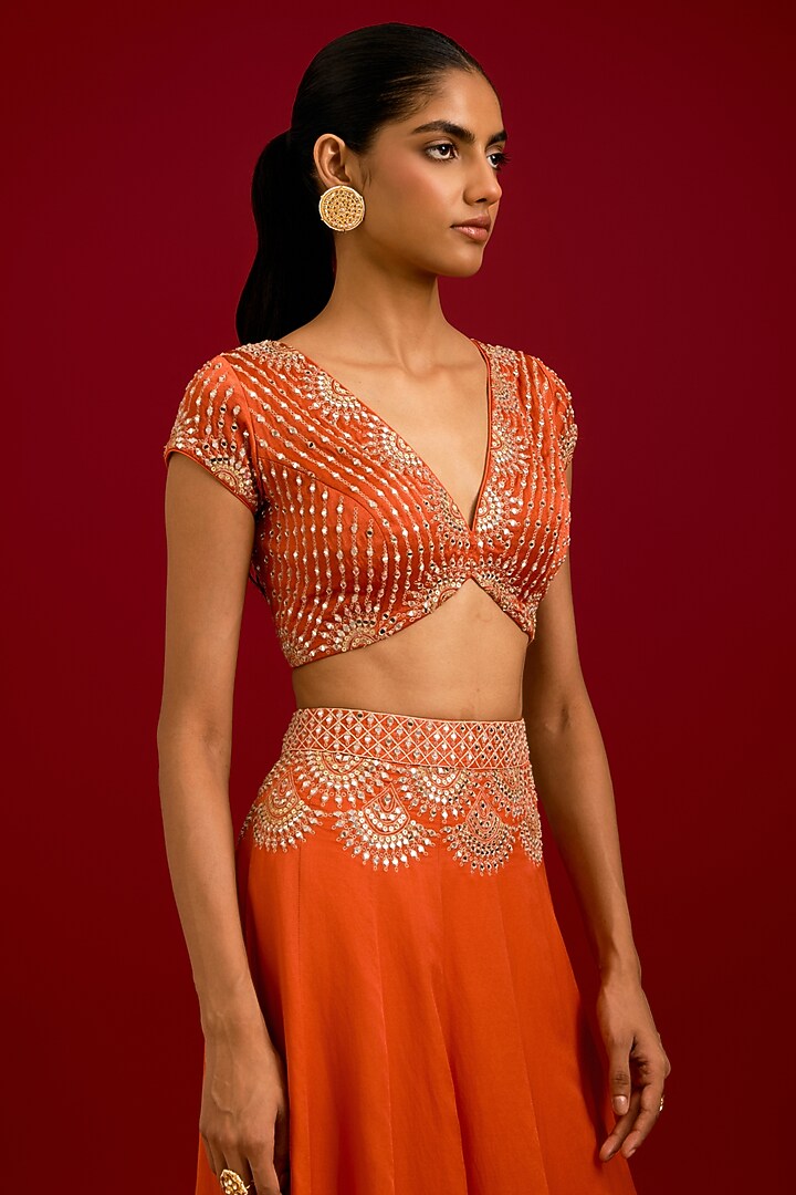 Orange Cotton Silk Satin Embroidered Wedding Lehenga Set by Devnaagri at Pernia's Pop Up Shop