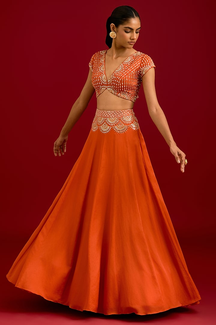 Orange Cotton Silk Satin Embroidered Wedding Lehenga Set by Devnaagri at Pernia's Pop Up Shop