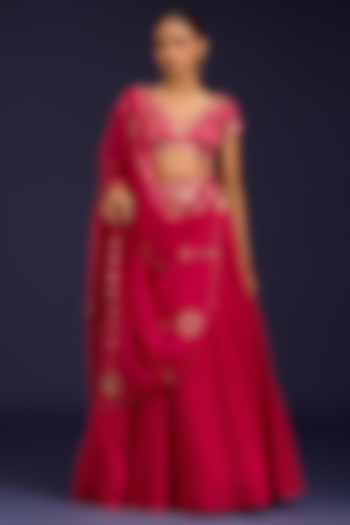 Fuchsia Cotton Silk Satin Embroidered Wedding Lehenga Set by Devnaagri at Pernia's Pop Up Shop