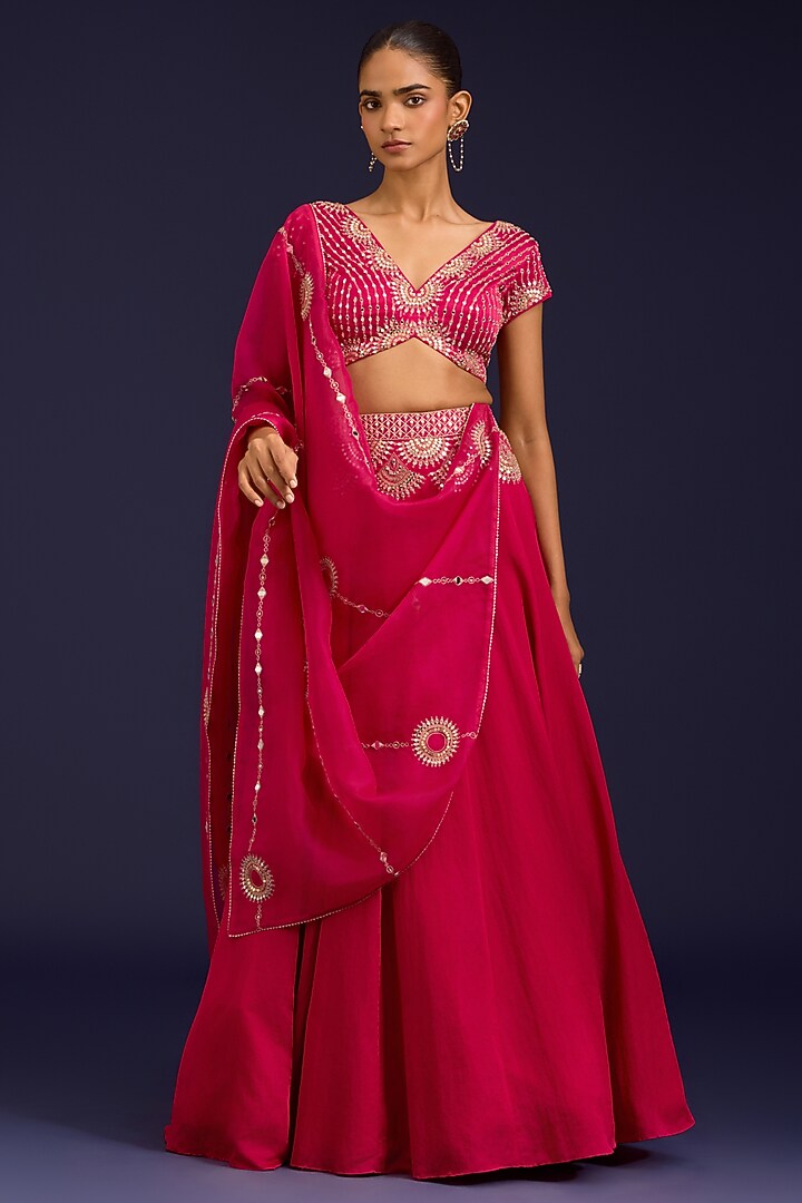 Fuchsia Cotton Silk Satin Embroidered Wedding Lehenga Set by Devnaagri at Pernia's Pop Up Shop