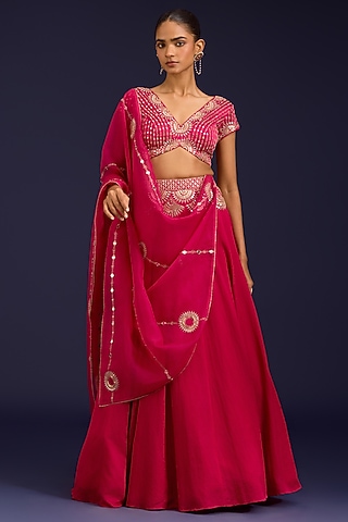 Fuchsia Cotton Silk Satin Embroidered Lehenga Set by Devnaagri