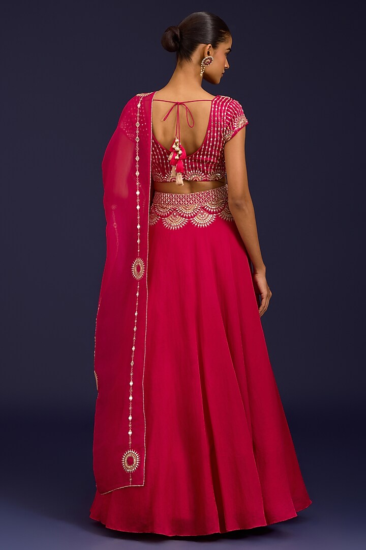 Fuchsia Cotton Silk Satin Embroidered Wedding Lehenga Set by Devnaagri at Pernia's Pop Up Shop