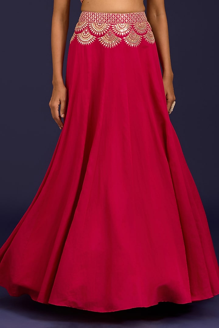 Fuchsia Cotton Silk Satin Embroidered Wedding Lehenga Set by Devnaagri at Pernia's Pop Up Shop