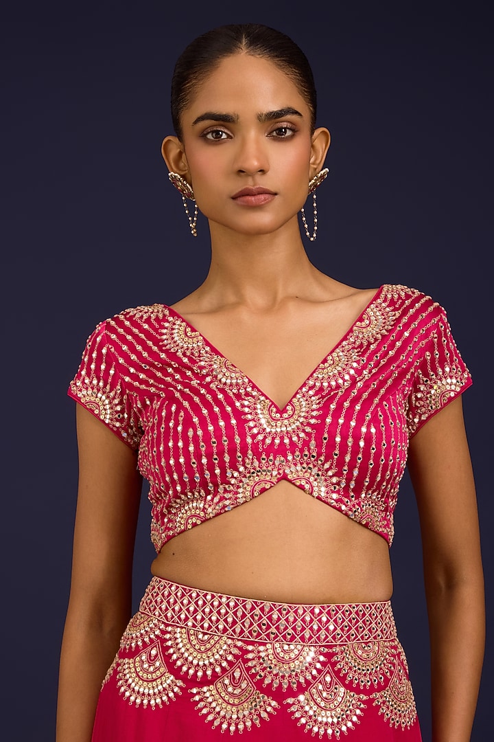 Fuchsia Cotton Silk Satin Embroidered Wedding Lehenga Set by Devnaagri at Pernia's Pop Up Shop