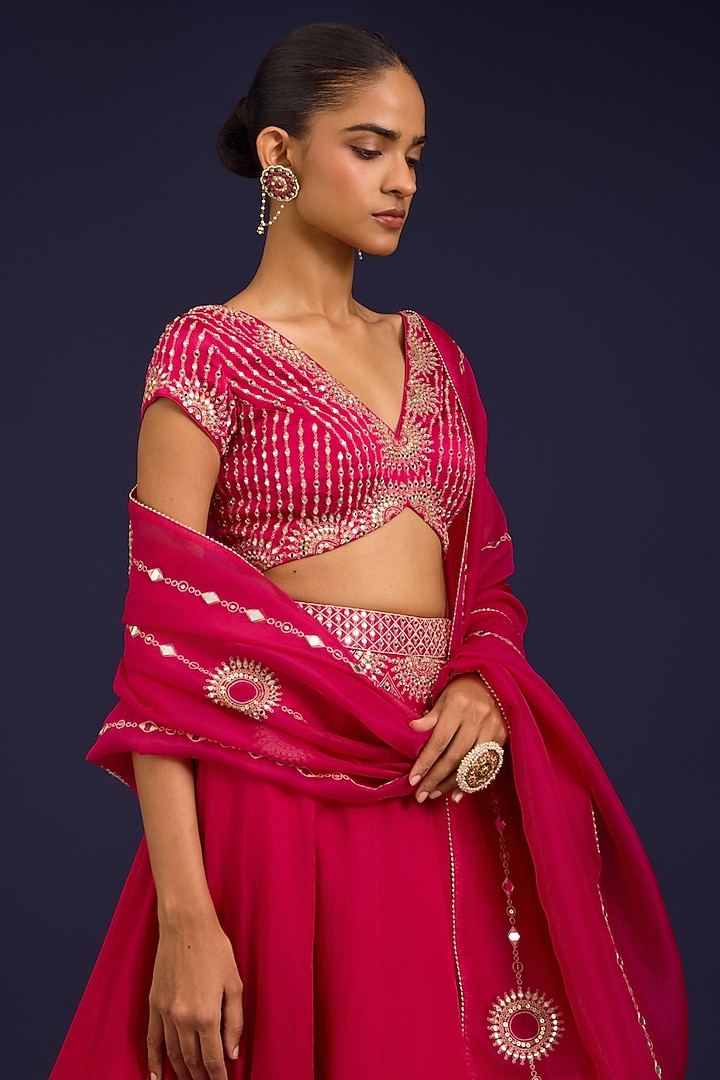 Fuchsia Cotton Silk Satin Embroidered Wedding Lehenga Set by Devnaagri at Pernia's Pop Up Shop