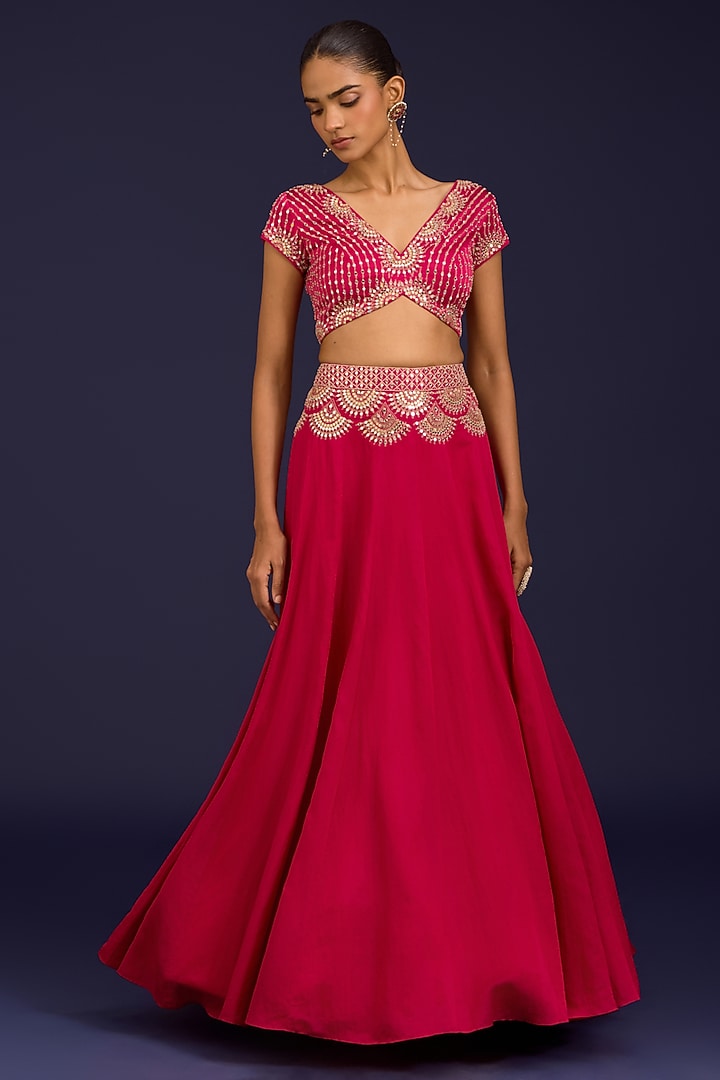 Fuchsia Cotton Silk Satin Embroidered Wedding Lehenga Set by Devnaagri at Pernia's Pop Up Shop