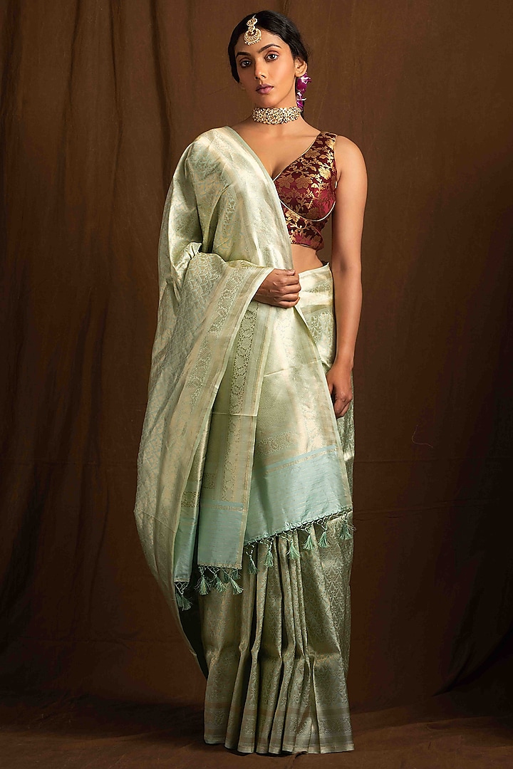 Sage Green Pure Katan Silk Handloom Banarasi Saree by Devissha