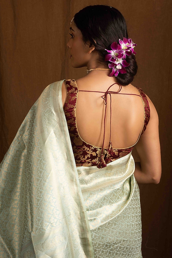 Sage Green Pure Katan Silk Handloom Banarasi Wedding Saree by Devissha at Pernia's Pop Up Shop