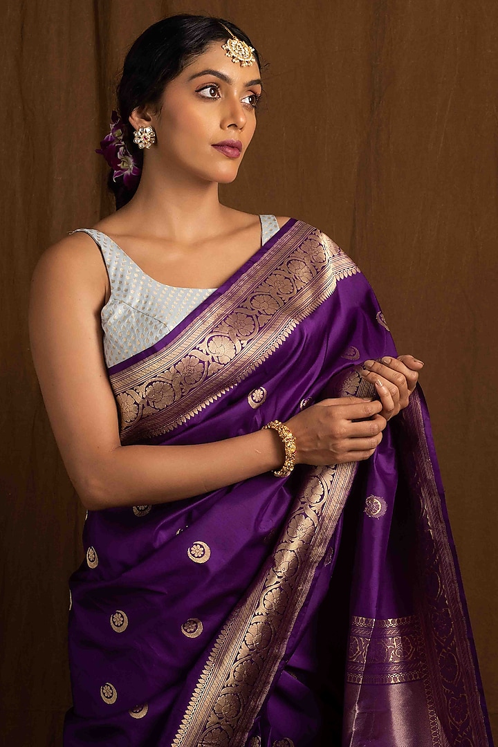 Purple Pure Katan Silk Handloom Banarasi Wedding Saree by Devissha at Pernia's Pop Up Shop