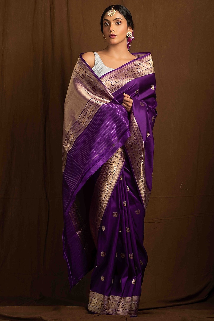 Purple Pure Katan Silk Handloom Banarasi Wedding Saree by Devissha at Pernia's Pop Up Shop