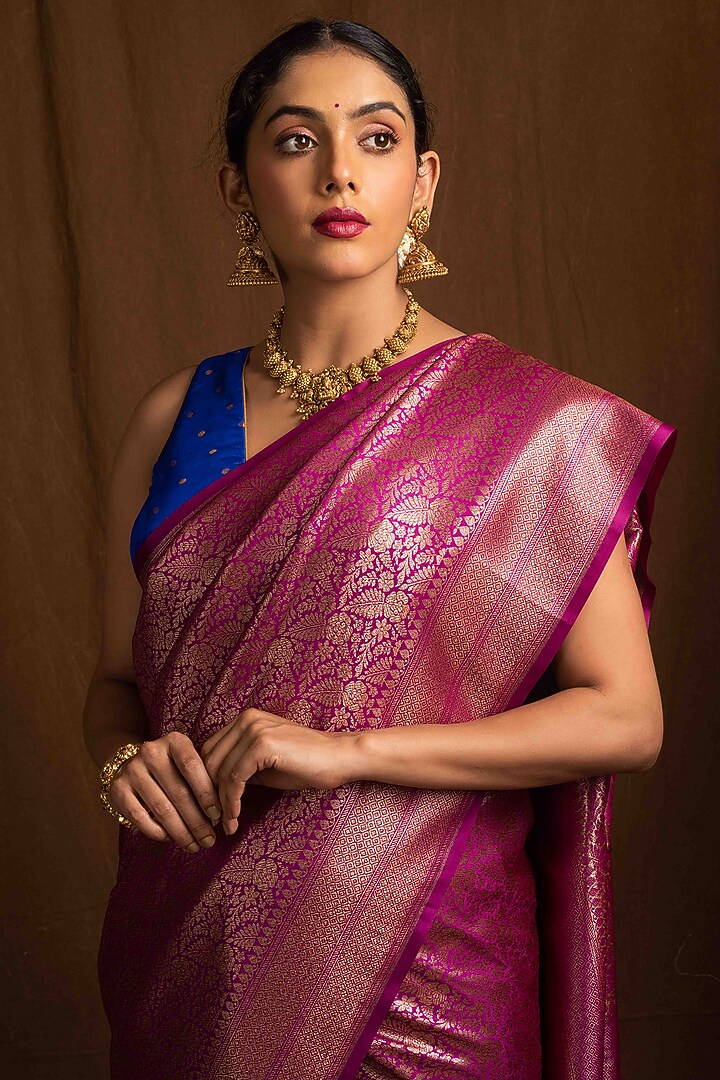 Magenta Banarasi Silk Party Wear Saree by Devissha at Pernia's Pop Up Shop