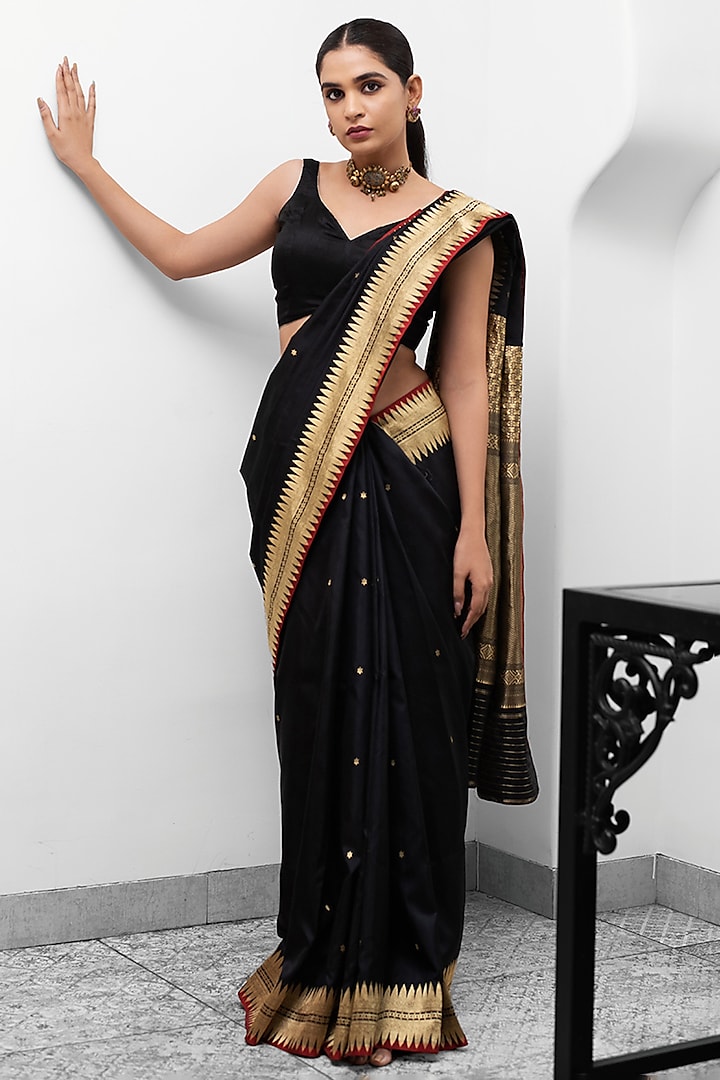Black Pure Katan Silk Handloom Banarasi Saree by Devissha